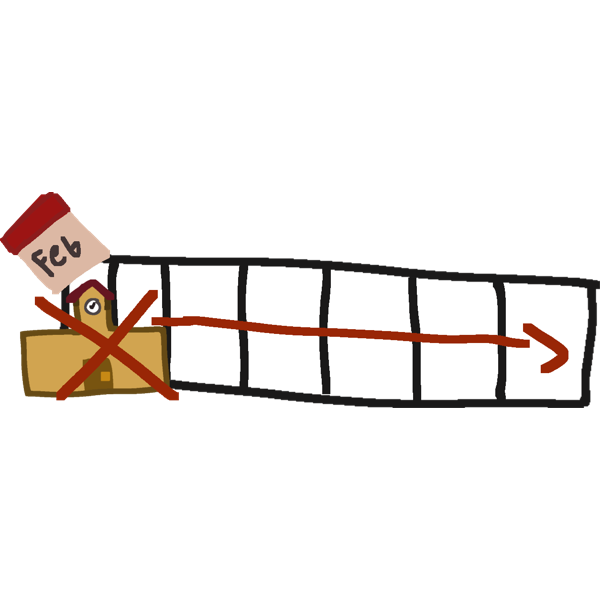 A school above a rectangle split into 7 boxes. There is a calendar with the abbreviation for the word February on it